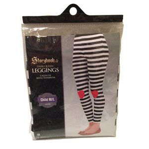 Storybook Dark Queen Leggings Child Size M/L Black White Stripe with Red Heart K